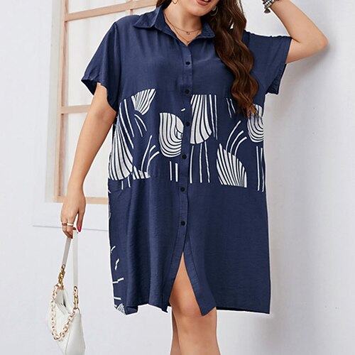 

Women's Plus Size Curve Shift Dress Striped Shirt Collar Print Short Sleeve Spring Summer Casual Knee Length Dress Causal Daily Dress