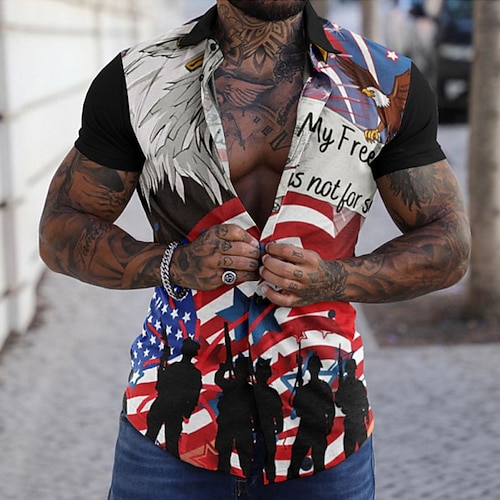 

Men's Shirt Eagle Turndown Street Casual 3D Button-Down Short Sleeve Tops Casual Fashion Comfortable Beach Black and Red