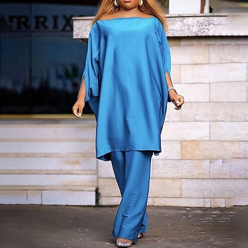 

Women's Plus Size Tops Plus Size Set Plain Backless 3/4 Length Sleeve Off Shoulder Streetwear Daily Going out Polyester Spring Summer Blue