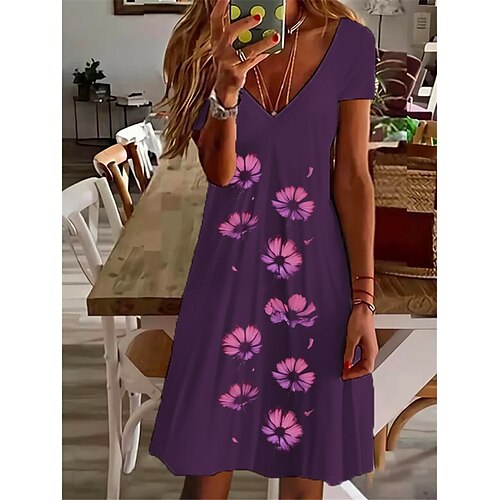 

Women's Shift Dress Short Mini Dress Purple Short Sleeve Floral Print Spring Summer V Neck Elegant Casual Vacation 2022 S M L XL XXL 3XL