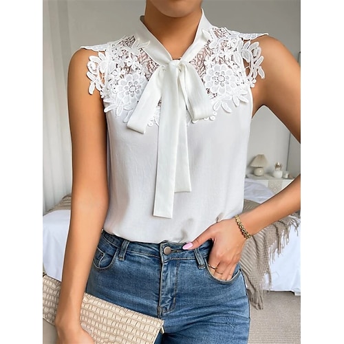 

Women's Tank Top White Plain Lace up Lace Sleeveless Office Business Streetwear Casual V Neck Regular S