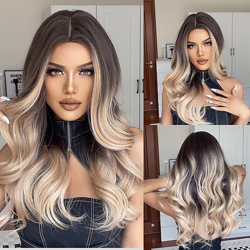 

HAIRCUBE Wigs Blonde Long Wavy Balayage Hair Middle Part Natural Hairline Auburn Black Brown Synthetic Wigs For Women