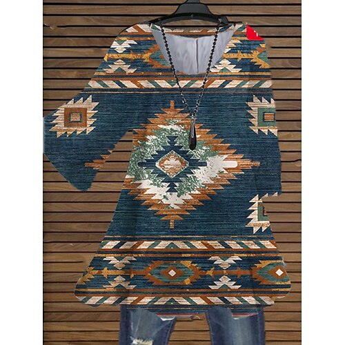 

Women's Plus Size Tops Blouse Shirt Color Block Geometry Print 3/4 Length Sleeve Crewneck Streetwear Daily Holiday Cotton Spandex Jersey Spring Summer khaki Navy Blue