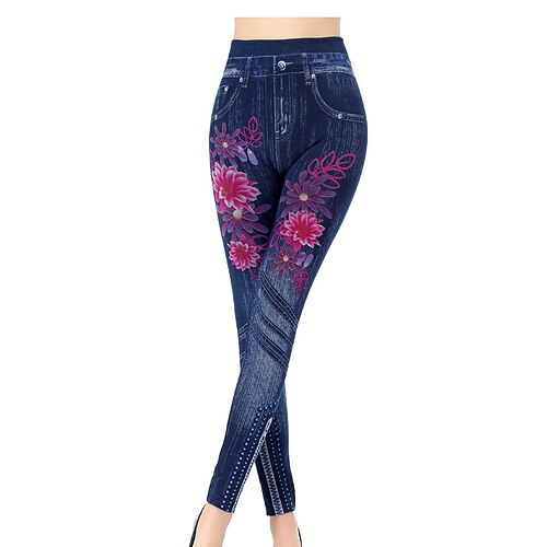 

Women's Tights Leggings Faux Denim Blue Royal Blue Dark Blue Mid Waist Fashion Streetwear Casual Weekend Print Stretchy Ankle-Length Tummy Control Flower / Floral One-Size / Skinny