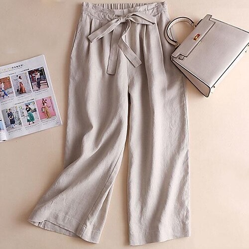 

Women's Culottes Wide Leg Chinos Pants Trousers Linen / Cotton Blend Khaki Red White Mid Waist Fashion Office / Career Casual Weekend Micro-elastic Ankle-Length Comfort Plain M L XL XXL