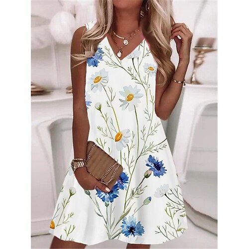 

Damen Casual kleid Etuikleid Purpur Weiß Ärmellos Blumen Bedruckt Frühling Sommer V Ausschnitt 2022 S M L XL XXL 3XL