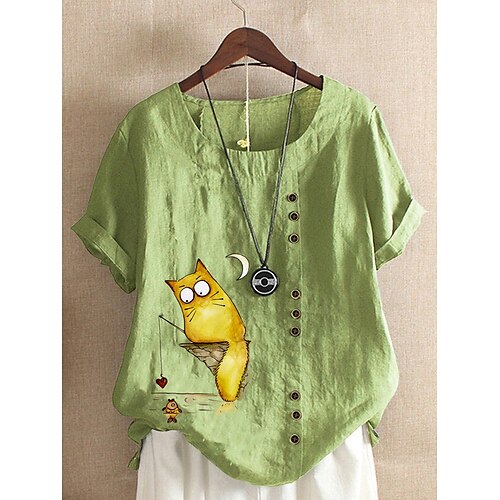 

Mujer Camisa Blanco Amarillo Verde Claro Gato Botón Estampado Manga Corta Diario Fin de semana Ropa de calle Casual Escote Redondo Regular Gato 3D S