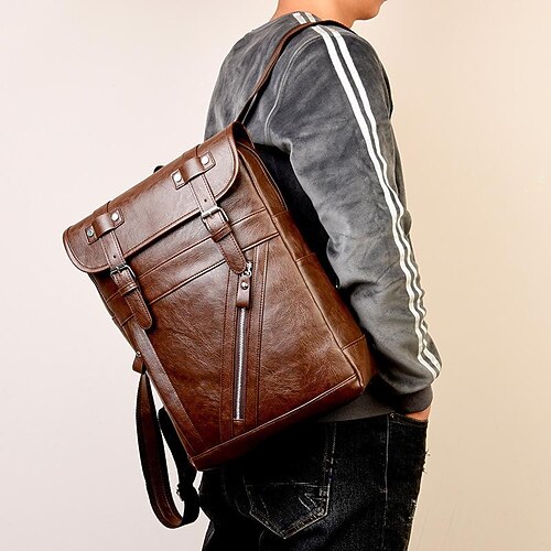 

Men's Unisex PU Leather Solid Color Waterproof Durable Zipper Black khaki Brown