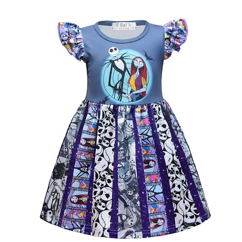 

Kids Little Girls' Dress Cartoon Color Block Skull A Line Dress Halloween Ruched Patchwork Print Navy Blue Maxi Short Sleeve Cute Sweet Dresses Halloween Spring Summer Regular Fit 4-13 Years