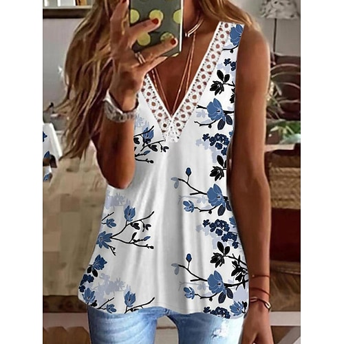 

2022 Summer Cross-Border European And American Beauty Independent Station Ebay Amazon Lace V-Neck Vest Print Sleeveless Top