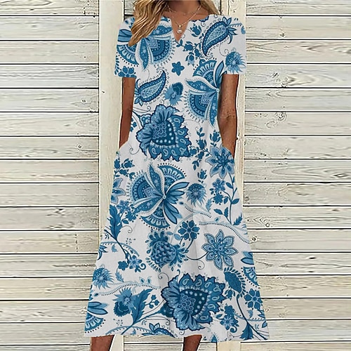 

Women's A Line Dress Midi Dress Green Blue Purple Short Sleeve Floral Pocket Print Spring Summer V Neck Casual Vacation 2022 S M L XL XXL 3XL