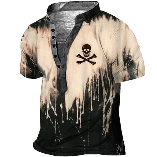 

Men's T shirt Tee Henley Shirt Tee Graphic Color Block Skull Stand Collar Green Blue Purple Beige Gray 3D Print Plus Size Outdoor Daily Short Sleeve Button-Down Print Clothing Apparel Basic Designer