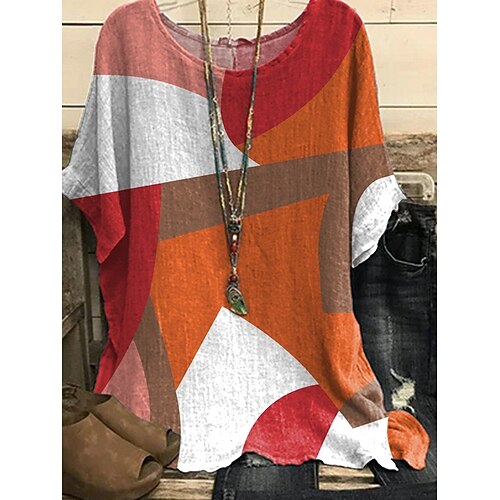 

Women's Blouse Shirt Red Geometric Print 3/4 Length Sleeve Daily Weekend Streetwear Casual Round Neck Regular Geometric S