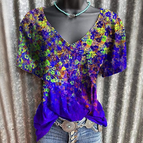 

Women's Floral Flower Casual Daily Floral T shirt Tee Short Sleeve Print V Neck Basic Essential Tops Royal Blue S / 3D Print