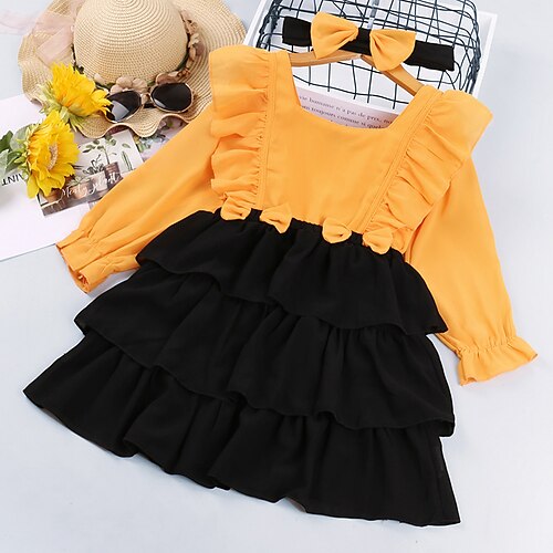 

Kids Little Girls' Dress Solid Colored A Line Dress Daily Patchwork Yellow Knee-length Long Sleeve Casual Cute Dresses Spring Summer Slim 2-6 Years
