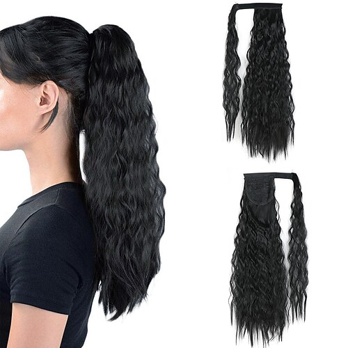 

Synthetic Long Corn Wavy Ponytail Hairpiece Wrap on Hair Clip Natural Black Hair Extensions Pony Tail