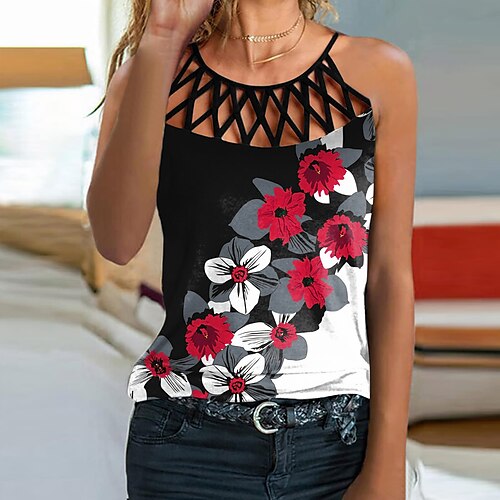 

Mujer Camiseta sin mangas Camis Negro Blanco Amarillo Floral Cortado Estampado Sin Mangas Festivos Fin de semana Ropa de calle Casual Escote Redondo Regular Flor S