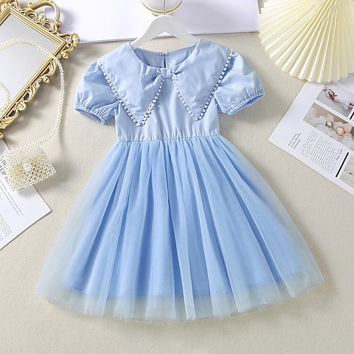 

Kids Little Girls' Dress Solid Colored Skater Dress Party Daily Blue Knee-length Short Sleeve Princess Cute Dresses Spring Summer Slim 2-8 Years