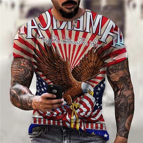 

Men's Unisex T shirt Tee 3D Print Graphic Prints Eagle National Flag Crew Neck Street Daily Print Short Sleeve Tops Designer Casual Big and Tall Sports Red / Summer