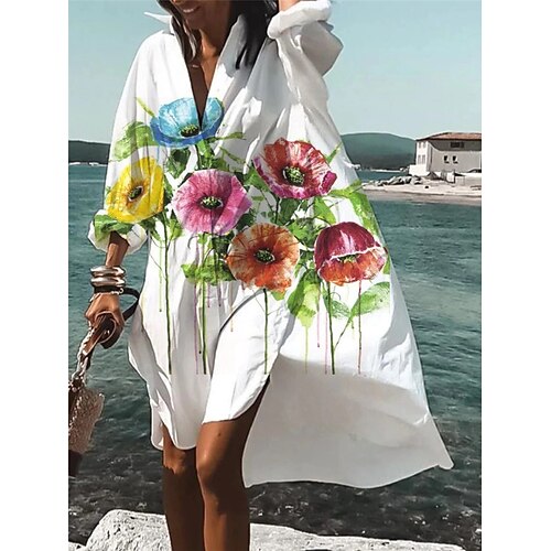 

Women's Shift Dress Swing Dress Green Purple Long Sleeve Floral Button Winter Fall Autumn Shirt Collar Winter Dress Fall Dress Loose Fit 2022 S M L XL XXL 3XL 4XL 5XL