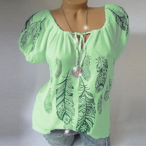 

Women's Plus Size Tops Blouse Shirt Leaf Print Short Sleeve Round Neck Streetwear Preppy Daily Back to School Polyester Spring Summer Green White