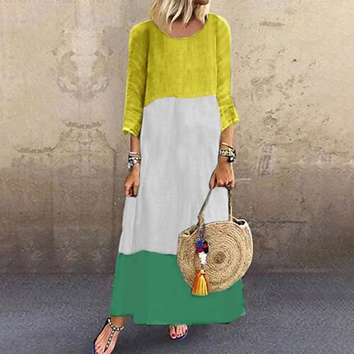 

Women's Shift Dress Midi Dress Black Gray Yellow Red Long Sleeve Color Block Patchwork Spring Summer Round Neck Casual 2022 S M L XL XXL 3XL 4XL 5XL