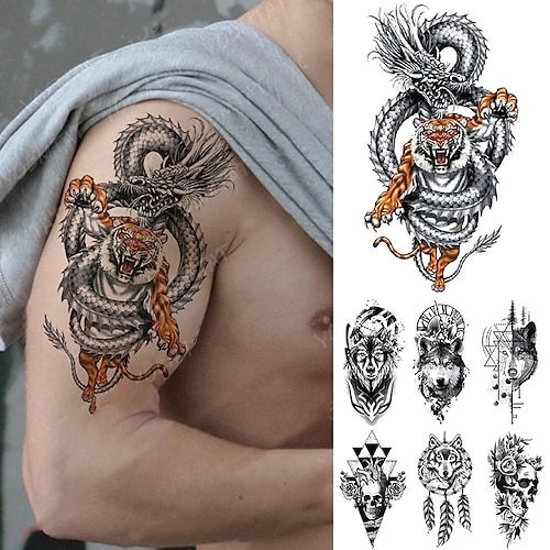 

7 pcs Dragon Wolf Tiger Animal Waterproof Temporary Tattoo Sticker Men Arm Leg Tatto Body Art Fake Tatto Water Transfer Tattoos Women