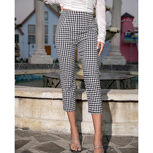 

Women's Pants Trousers Capri shorts Black / White Mid Waist Fashion Office / Career Casual Weekend Micro-elastic Calf-Length Comfort Plaid Checkered S M L