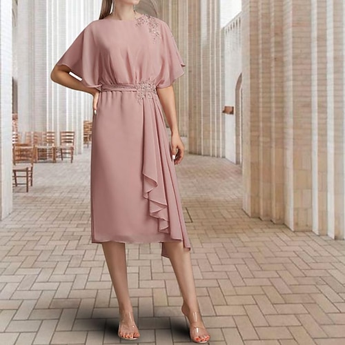 

Linea-A Abito da cerimonia per signora Taglia forte Elegante Con decorazione gioiello Al ginocchio Chiffon Manica corta con Con applique Drappeggio a lato 2023