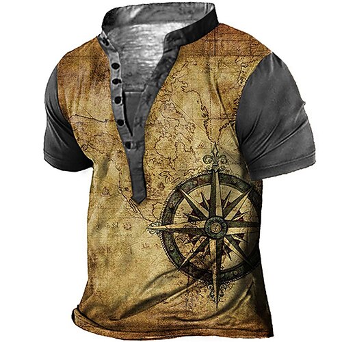 

Men's T shirt Tee Henley Shirt Tee Graphic Compass Stand Collar Brown 3D Print Plus Size Outdoor Daily Short Sleeve Button-Down Print Clothing Apparel Basic Designer Casual Big and Tall / Summer