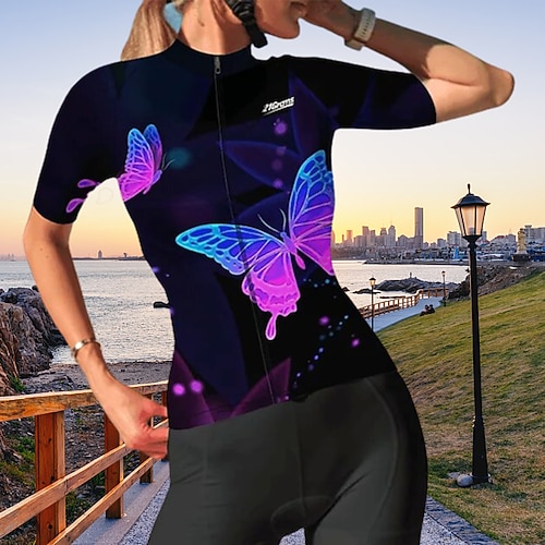 

21Grams Women's Cycling Jersey Short Sleeve Bike Jersey Top with 3 Rear Pockets Mountain Bike MTB Road Bike Cycling UV Resistant Breathable Quick Dry Reflective Strips White Green Purple Butterfly