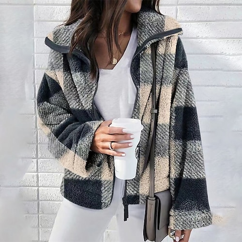 

Women's Teddy Coat Sherpa jacket Fleece Jacket Street Daily Going out Fall Winter Regular Coat Regular Fit Windproof Warm Streetwear Casual Jacket Long Sleeve Plaid / Check Quilted White Black Gray