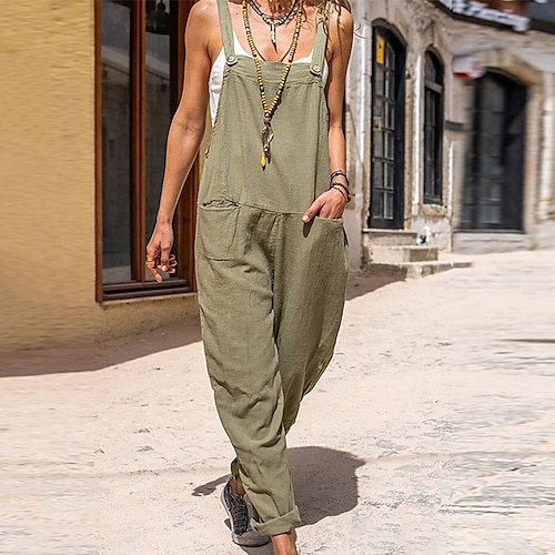

Women's Overall Backless Pocket Solid Color Square Neck Streetwear Street Daily Regular Fit Sleeveless Army Green S M L Spring