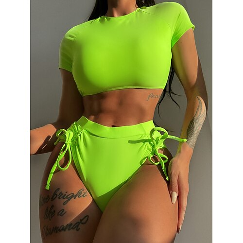 

Women's Swimwear Bikini 2 Piece Normal Swimsuit Open Back Pure Color Green High Neck Bathing Suits New Vacation Sexy / Modern