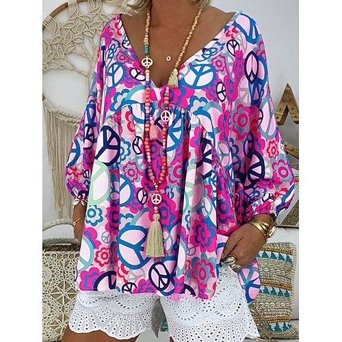 

Women's Blouse Floral Holiday Weekend Boho Blouse Shirt Long Sleeve Flowing tunic Print V Neck Streetwear Casual Loose Fit Green Blue Yellow S / 3D Print