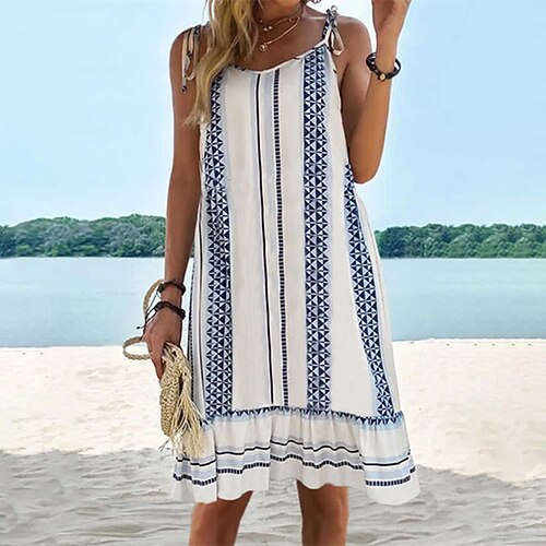 

Mulheres Vestido casual Vestido de turno Vestido de decote Branco Sem Manga Geométrica Frufru Primavera Verão Com Alças Finas Final de semana Ajuste Largo 2022 S M L XL XXL 3XL