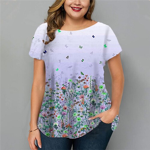 

Women's Plus Size Tops T shirt Tee Floral Butterfly Print Short Sleeve Crewneck Streetwear Daily Going out Cotton Spandex Jersey Spring Summer Green Blue