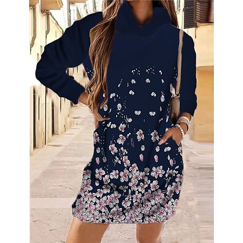 

Women's Hoodie Dress Short Mini Dress Blue Navy Blue Long Sleeve Floral Pocket Print Fall Spring Hooded Casual Fashion 2022 XS S M L XL XXL 3XL 4XL