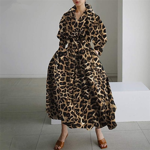 

vestido swing feminino vestido midi preto amarelo marrom manga longa outono bolso leopardo primavera verão gola elegante elegante 2023 s m l xl xxl 3xl 4xl 5xl