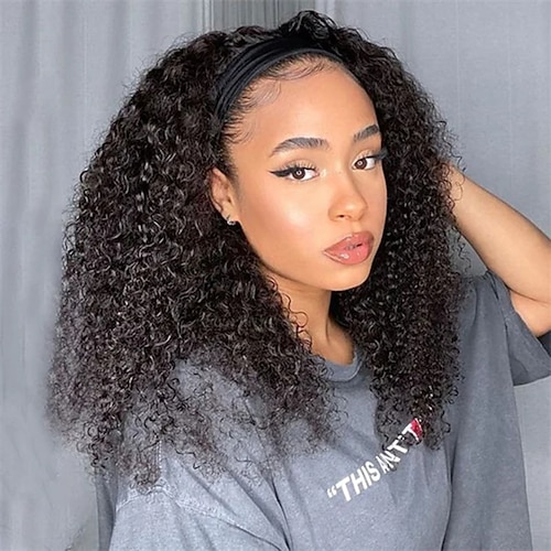 

Remy Human Hair Wig Long Curly With Headband Natural Black Adjustable Natural Hairline Glueless Machine Made Capless Brazilian Hair All Natural Black #1B 10 inch 12 inch 14 inch Daily Wear Party