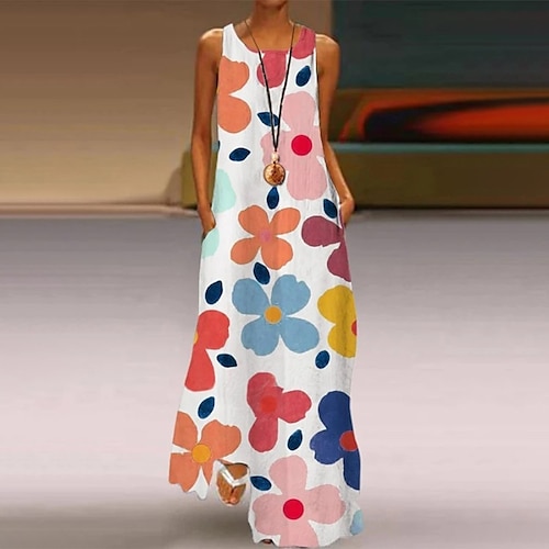 

Women's Shift Dress Maxi long Dress White Purple Sleeveless Floral Pocket Print Spring Summer Round Neck Casual 2022 S M L XL XXL 3XL