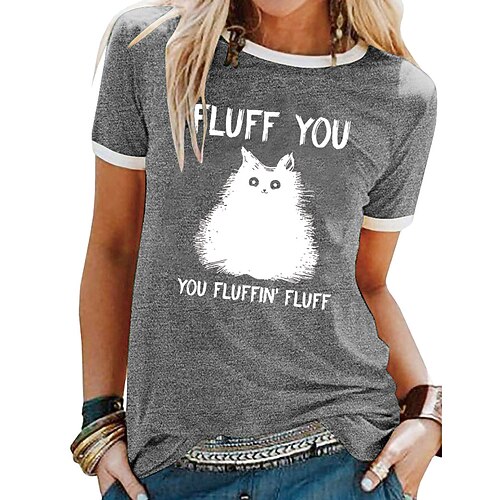 

Women's T shirt Tee Green Blue Purple Graphic Cat Patchwork Print Short Sleeve Daily Weekend Basic Round Neck Regular Cat S