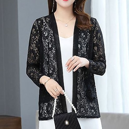 

Women's Cardigan Sweater Jumper Knit Embroidered Lace Trims Pure Color V Neck Stylish Elegant Outdoor Work Spring Summer Green Purple XL 2XL 3XL / Long Sleeve / Regular Fit / Going out