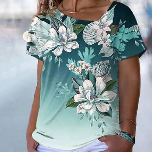 

Women's Plus Size Tops Blouse T shirt Tee Floral Print Short Sleeve Crewneck Streetwear Daily Weekend Cotton Spring Summer Green Blue