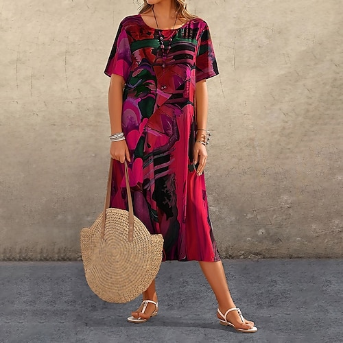 

Women's Casual Dress Sundress Midi Dress Green Blue Orange Short Sleeve Floral Print Spring Summer Crew Neck 2022 S M L XL XXL 3XL 4XL 5XL