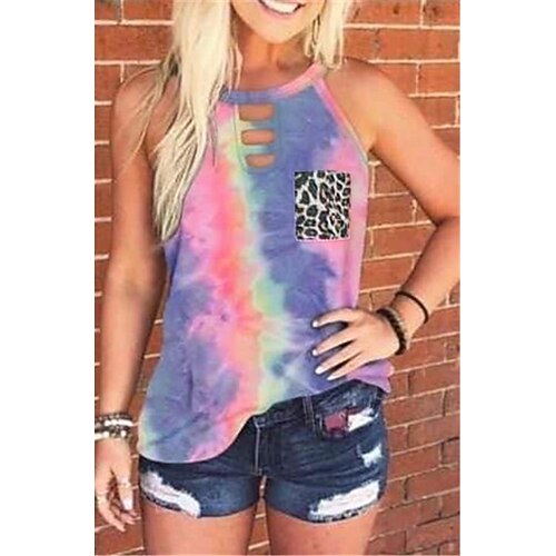 

Women's Tie Dye Leopard Holiday Weekend Tank Top Camis Sleeveless Cut Out Pocket Print Round Neck Casual Streetwear Tops Green Blue Purple S / 3D Print