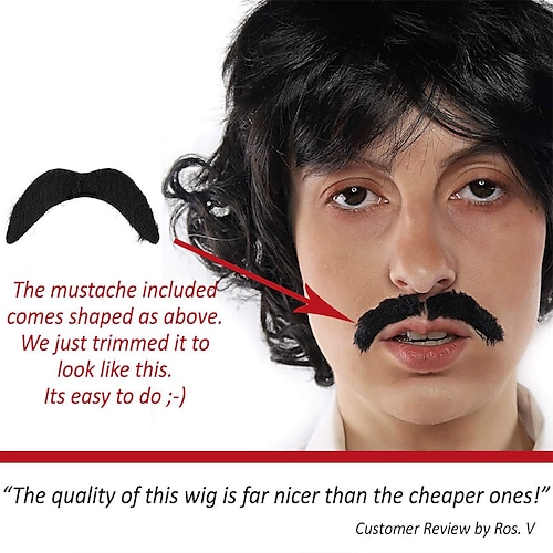 Pedro Costume Wig Black Wigs Mustache 70s Shag Beatles Sonny