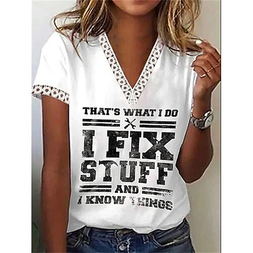 

Women's Letter Casual Daily Holiday T shirt Tee Short Sleeve Lace Trims Print V Neck Basic Essential Tops Loose White S