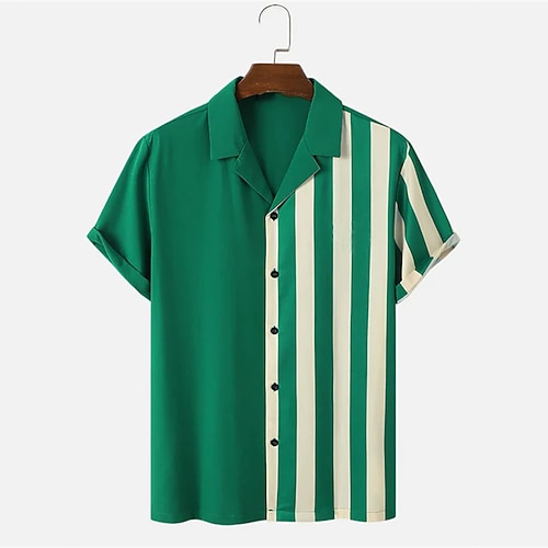 

Men's Shirt Print Striped Turndown Street Daily Button-Down Print Short Sleeve Tops Casual Fashion Breathable Comfortable Green