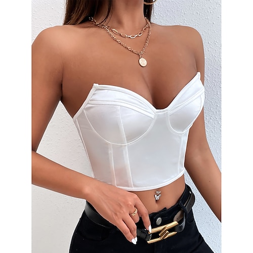 

Women's Bandeau Plain Holiday Weekend Bandeau Corset Sleeveless Button Print Strapless Streetwear Casual Y2K White S